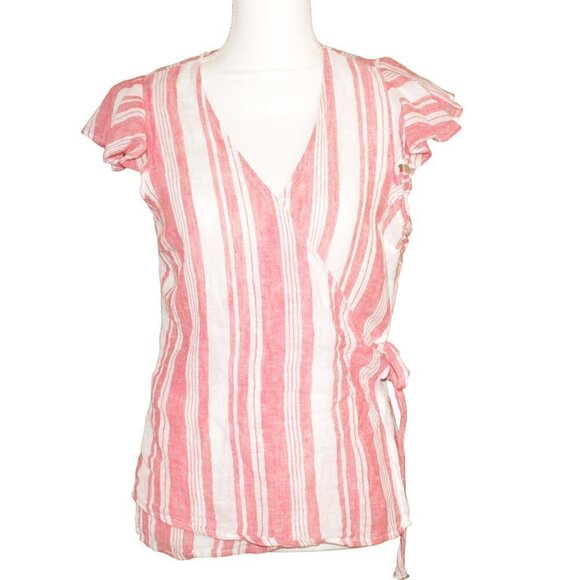 Old Navy Women’s Small Wrap Linen Blend Peach/White Short Sleeve Top - Picture 1 of 7